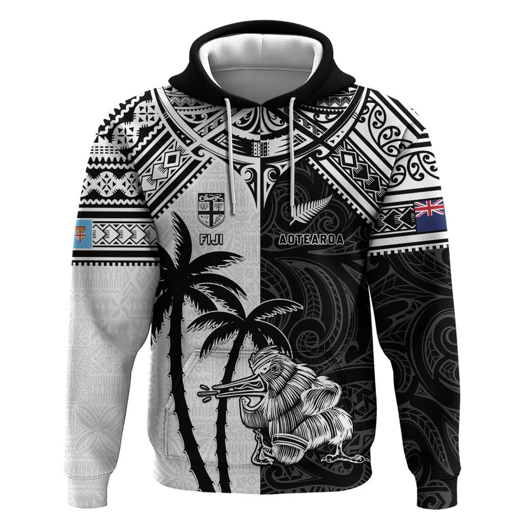 Custom New Zealand And Fiji Rugby 2024 Zip Hoodie Maori Kiwi With Fijian Palm Tree LT05 Pullover Hoodie Black - Polynesian Pride