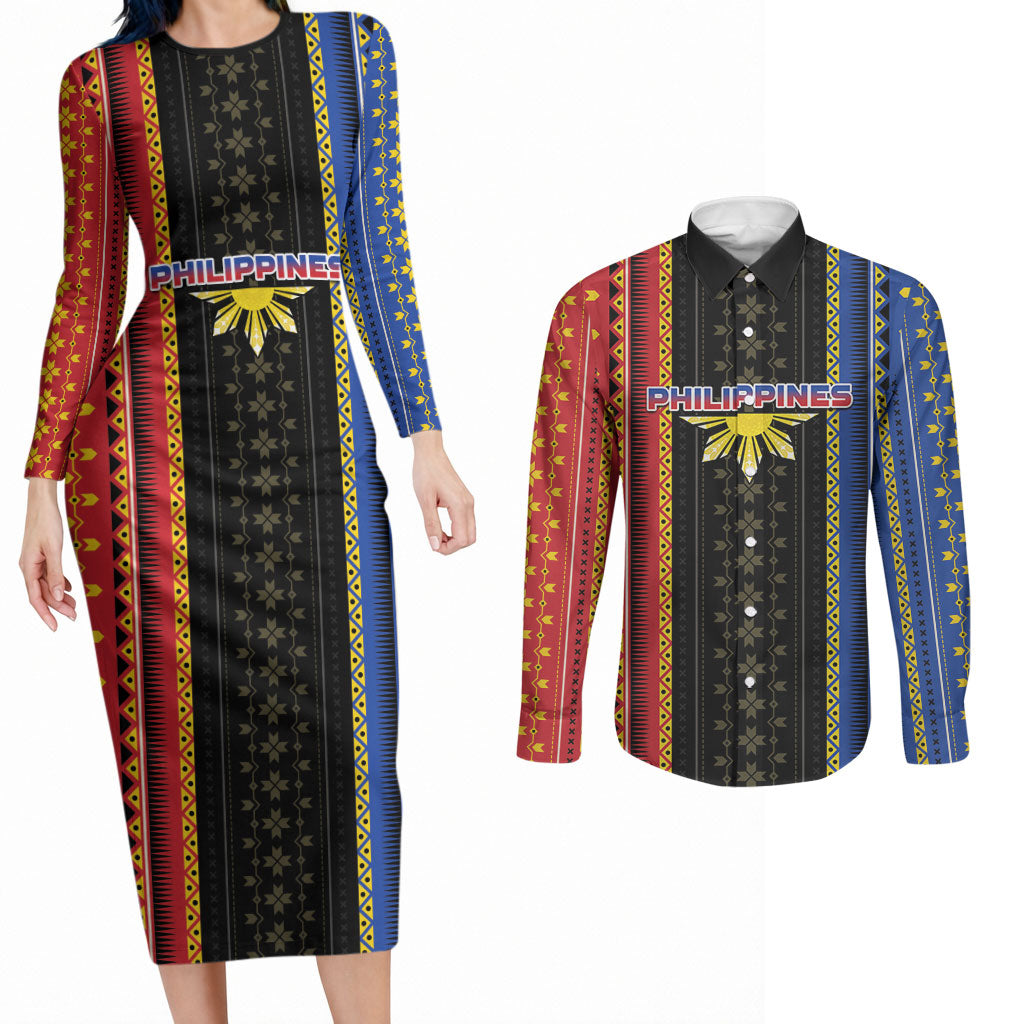 Personalised Philippines Filipinos Couples Matching Long Sleeve Bodycon Dress and Long Sleeve Button Shirt Igorot Tribal Inspiration Pattern Style