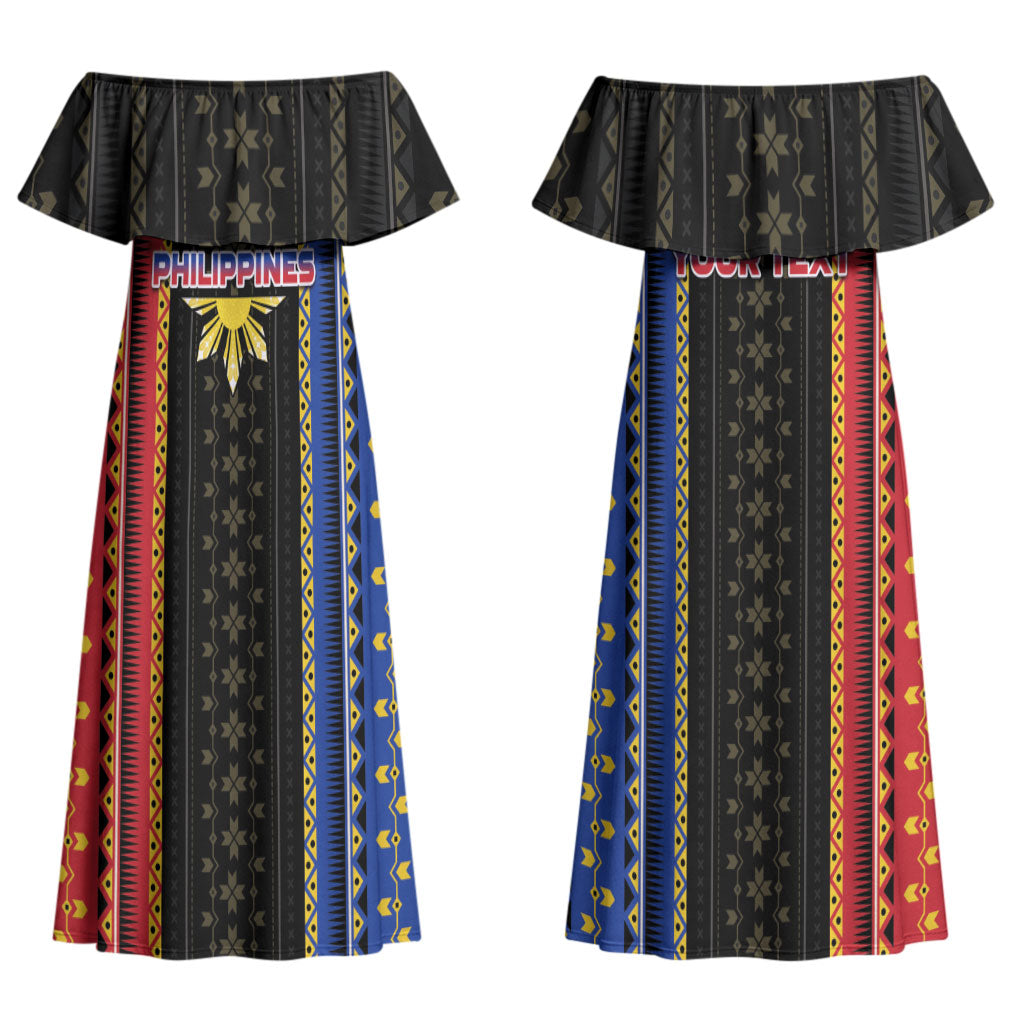 Personalised Philippines Filipinos Couples Matching Off Shoulder Maxi Dress and Long Sleeve Button Shirt Igorot Tribal Inspiration Pattern Style