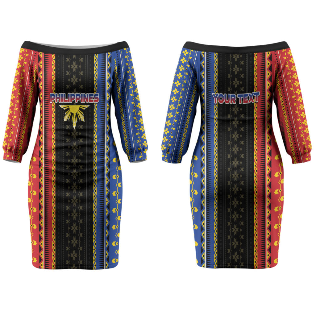 Personalised Philippines Filipinos Couples Matching Off The Shoulder Long Sleeve Dress and Hawaiian Shirt Igorot Tribal Inspiration Pattern Style