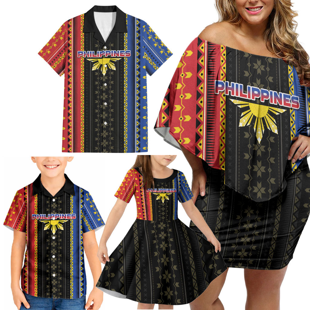 Personalised Philippines Filipinos Family Matching Off Shoulder Short Dress and Hawaiian Shirt Igorot Tribal Inspiration Pattern Style
