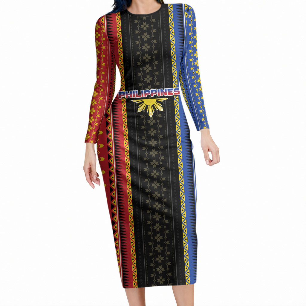 Personalised Philippines Filipinos Long Sleeve Bodycon Dress Igorot Tribal Inspiration Pattern Style LT05 Long Dress Black - Polynesian Pride