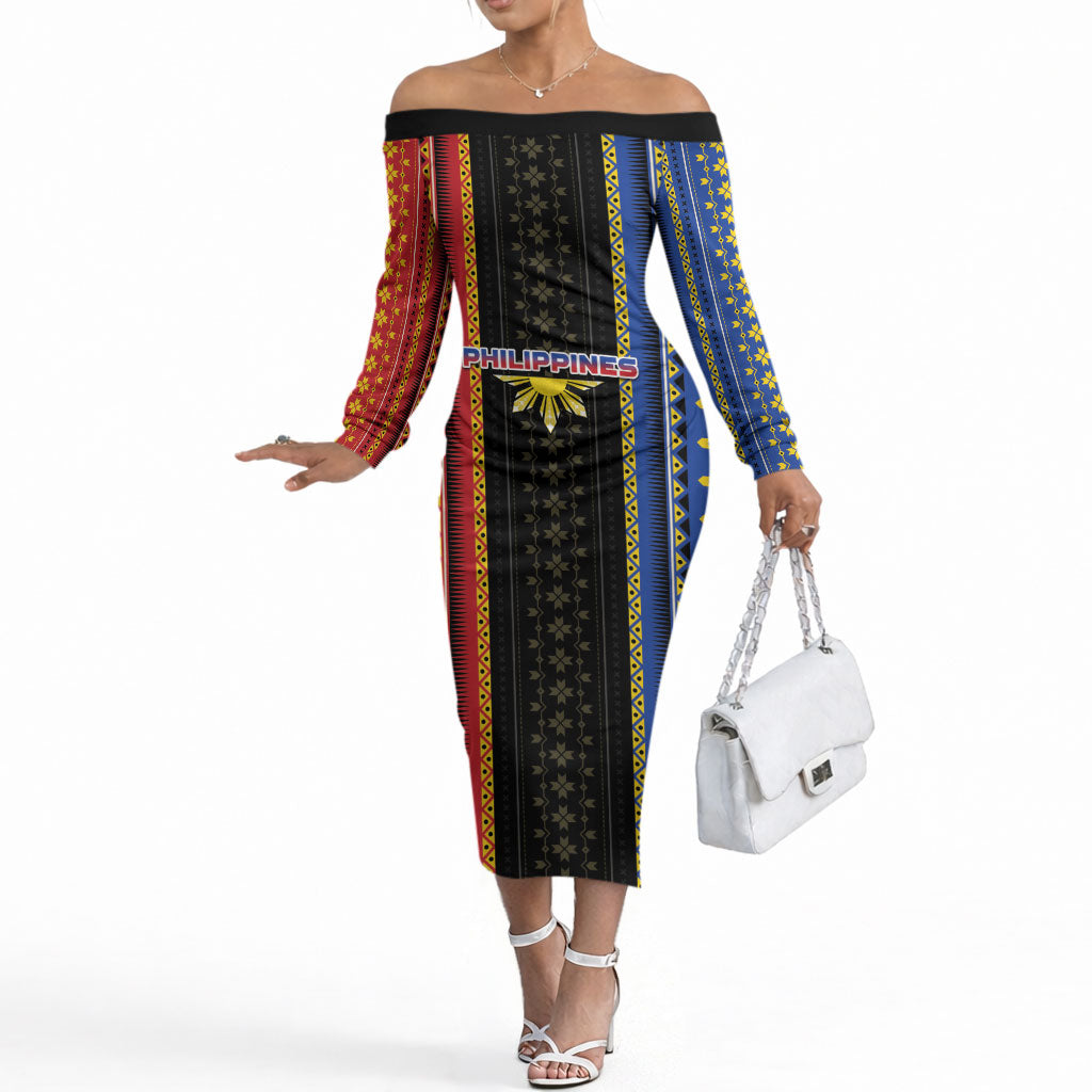 Personalised Philippines Filipinos Off The Shoulder Long Sleeve Dress Igorot Tribal Inspiration Pattern Style