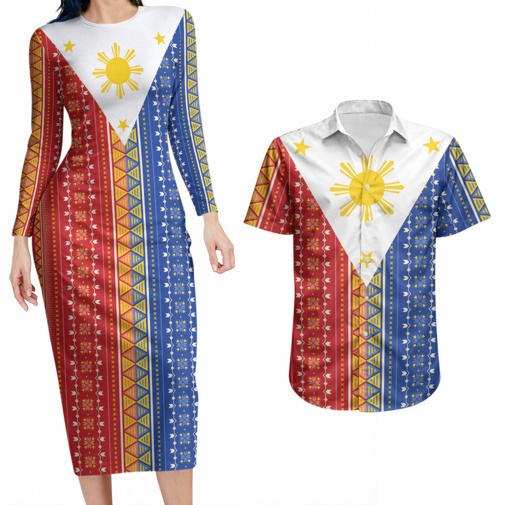 Philippines Sun Couples Matching Long Sleeve Bodycon Dress and Hawaiian Shirt Igorot Tribal Inspiration