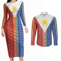 Philippines Sun Couples Matching Long Sleeve Bodycon Dress and Long Sleeve Button Shirt Igorot Tribal Inspiration
