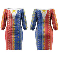 Philippines Sun Couples Matching Off The Shoulder Long Sleeve Dress and Long Sleeve Button Shirt Igorot Tribal Inspiration