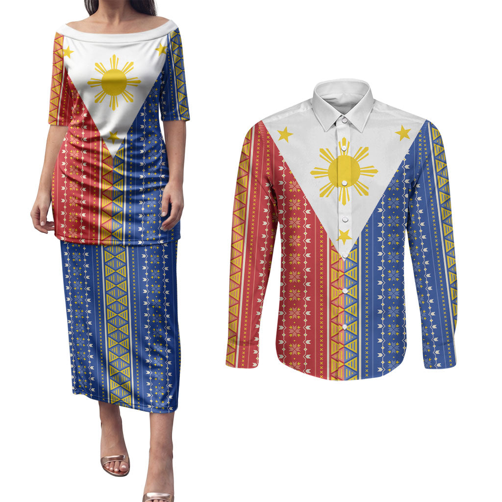 Philippines Sun Couples Matching Puletasi and Long Sleeve Button Shirt Igorot Tribal Inspiration