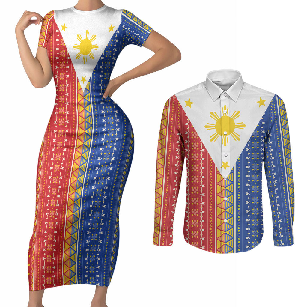 Philippines Sun Couples Matching Short Sleeve Bodycon Dress and Long Sleeve Button Shirt Igorot Tribal Inspiration