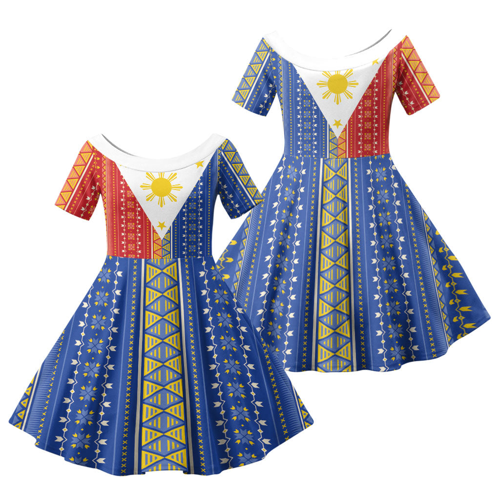 Philippines Sun Family Matching Off Shoulder Short Dress and Hawaiian Shirt Igorot Tribal Inspiration