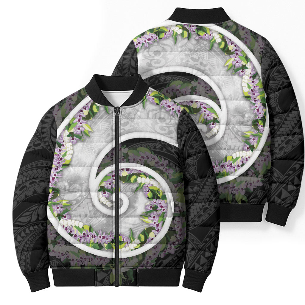 Piko Hawaii Bomber Puffer Jacket Polynesian Pattern With Maile Pikake Honohono Lei
