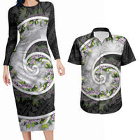 Piko Hawaii Couples Matching Long Sleeve Bodycon Dress and Hawaiian Shirt Polynesian Pattern With Maile Pikake Honohono Lei