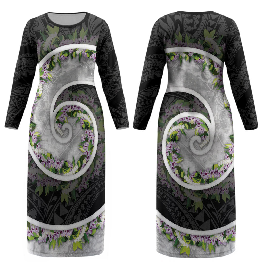 Piko Hawaii Couples Matching Long Sleeve Bodycon Dress and Long Sleeve Button Shirt Polynesian Pattern With Maile Pikake Honohono Lei