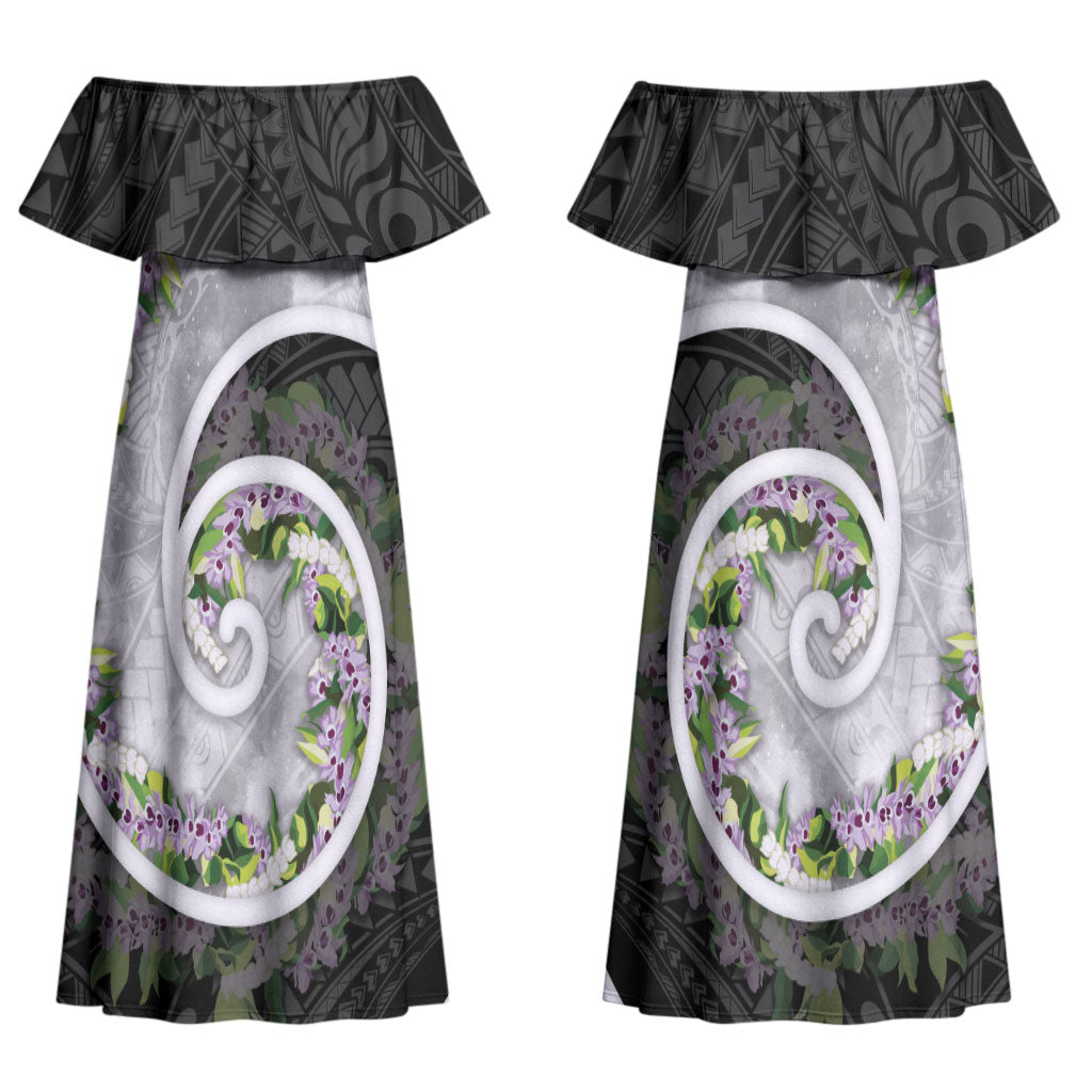Piko Hawaii Couples Matching Off Shoulder Maxi Dress and Hawaiian Shirt Polynesian Pattern With Maile Pikake Honohono Lei