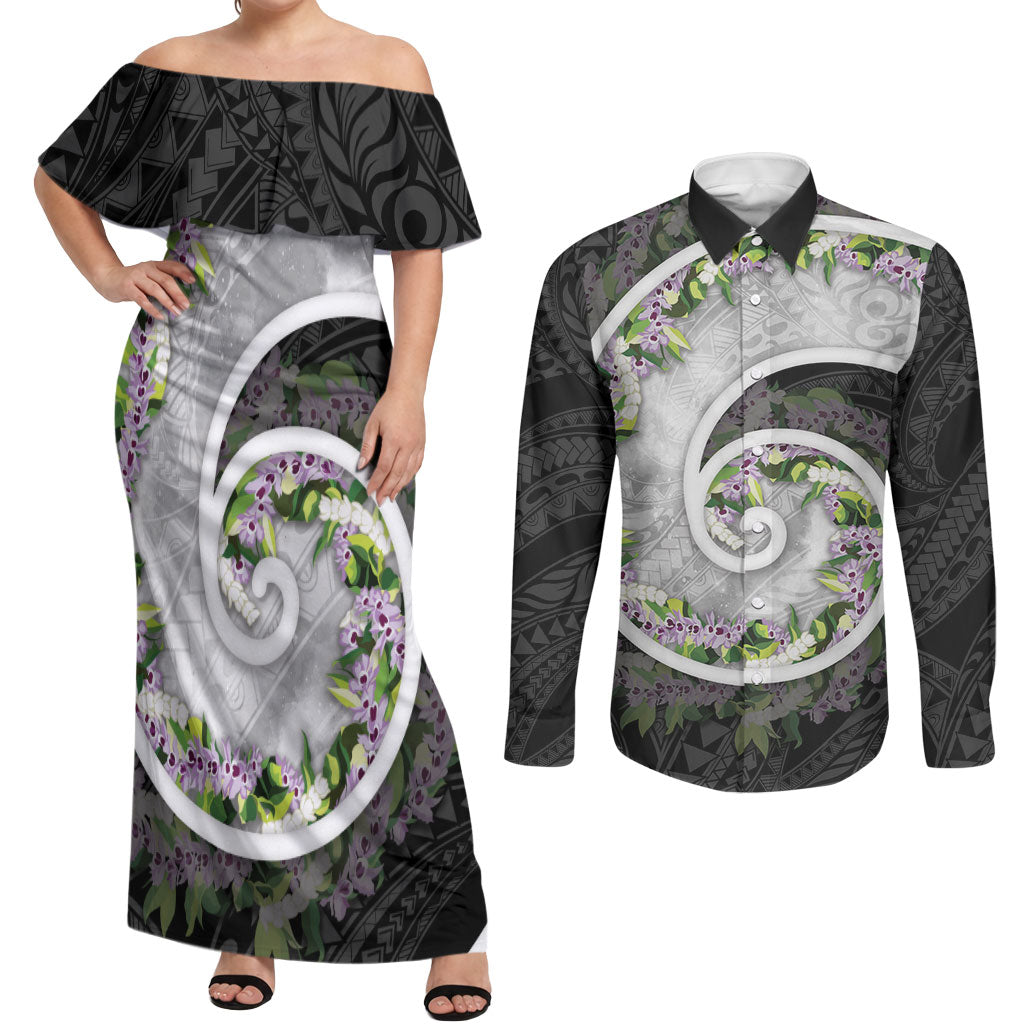 Piko Hawaii Couples Matching Off Shoulder Maxi Dress and Long Sleeve Button Shirt Polynesian Pattern With Maile Pikake Honohono Lei