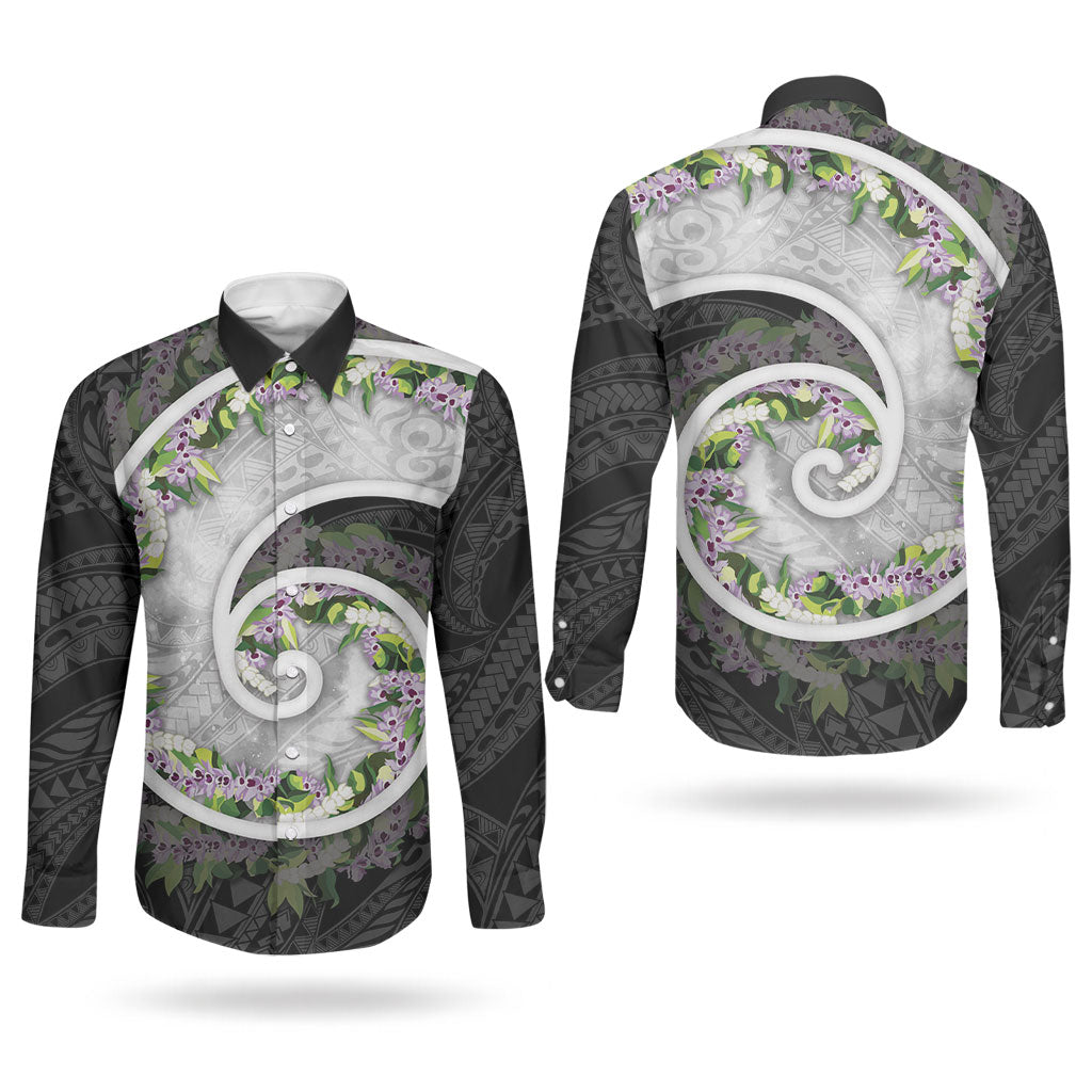 Piko Hawaii Couples Matching Off Shoulder Maxi Dress and Long Sleeve Button Shirt Polynesian Pattern With Maile Pikake Honohono Lei