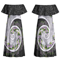 Piko Hawaii Couples Matching Off Shoulder Maxi Dress and Long Sleeve Button Shirt Polynesian Pattern With Maile Pikake Honohono Lei