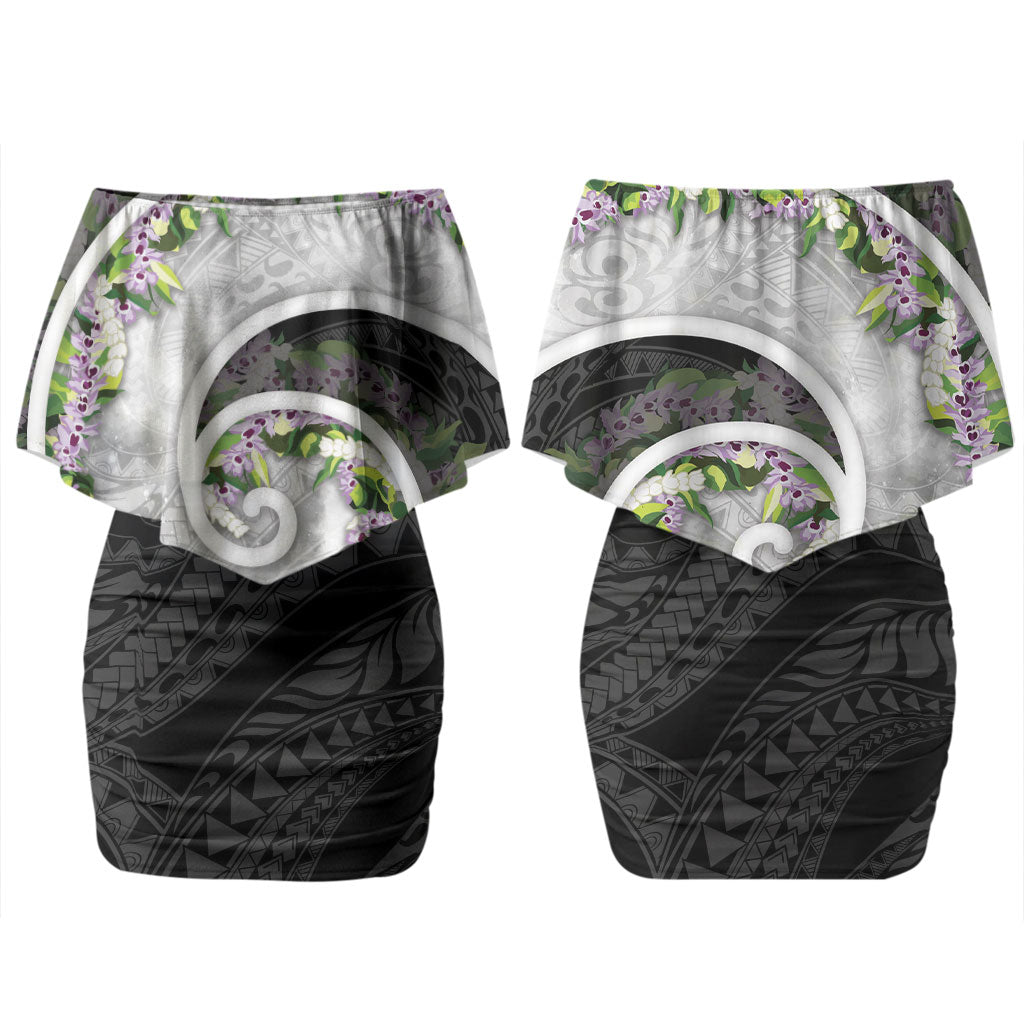 Piko Hawaii Couples Matching Off Shoulder Short Dress and Hawaiian Shirt Polynesian Pattern With Maile Pikake Honohono Lei