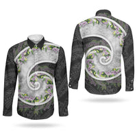 Piko Hawaii Couples Matching Off Shoulder Short Dress and Long Sleeve Button Shirt Polynesian Pattern With Maile Pikake Honohono Lei