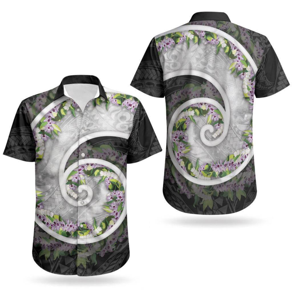 Piko Hawaii Couples Matching Off The Shoulder Long Sleeve Dress and Hawaiian Shirt Polynesian Pattern With Maile Pikake Honohono Lei