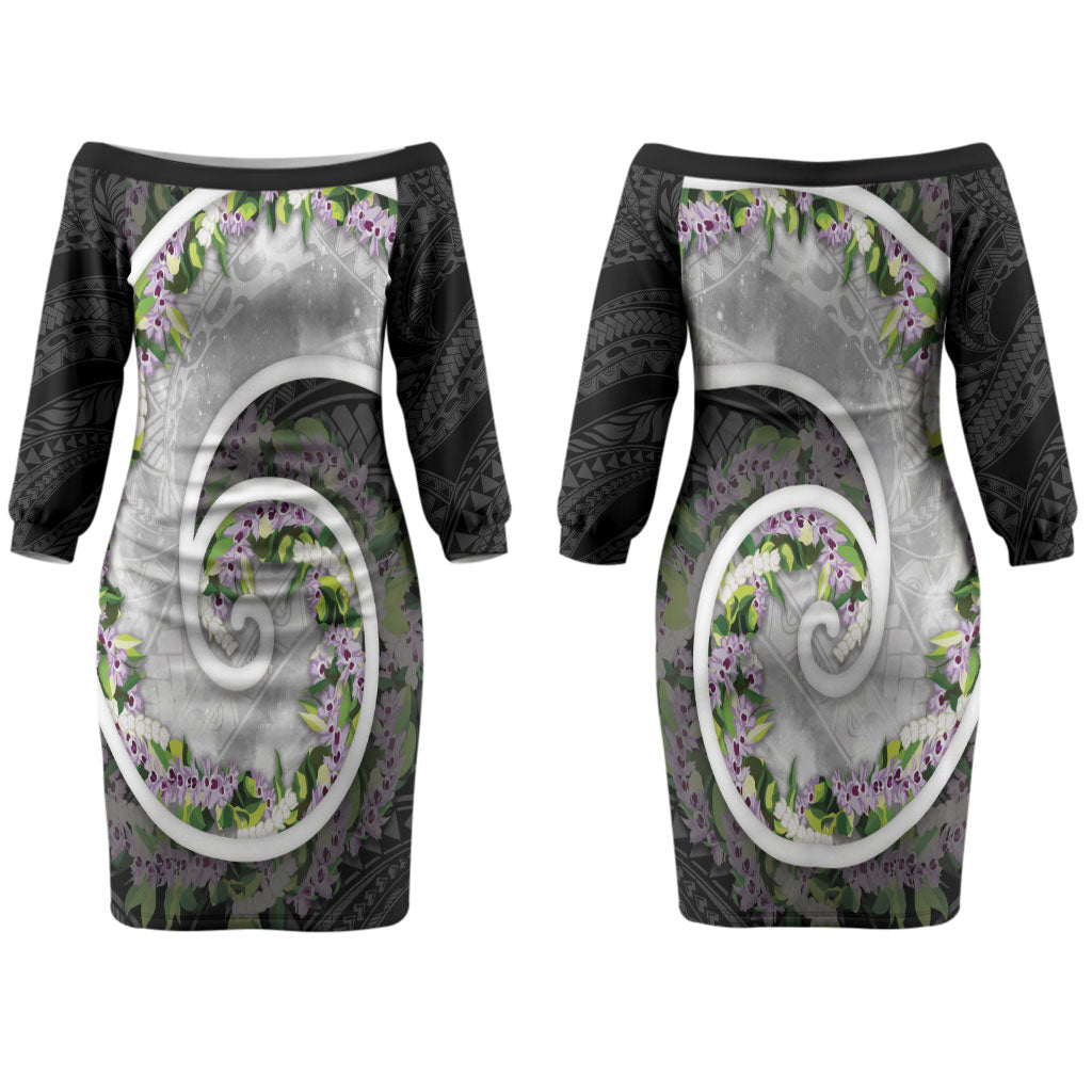Piko Hawaii Couples Matching Off The Shoulder Long Sleeve Dress and Hawaiian Shirt Polynesian Pattern With Maile Pikake Honohono Lei