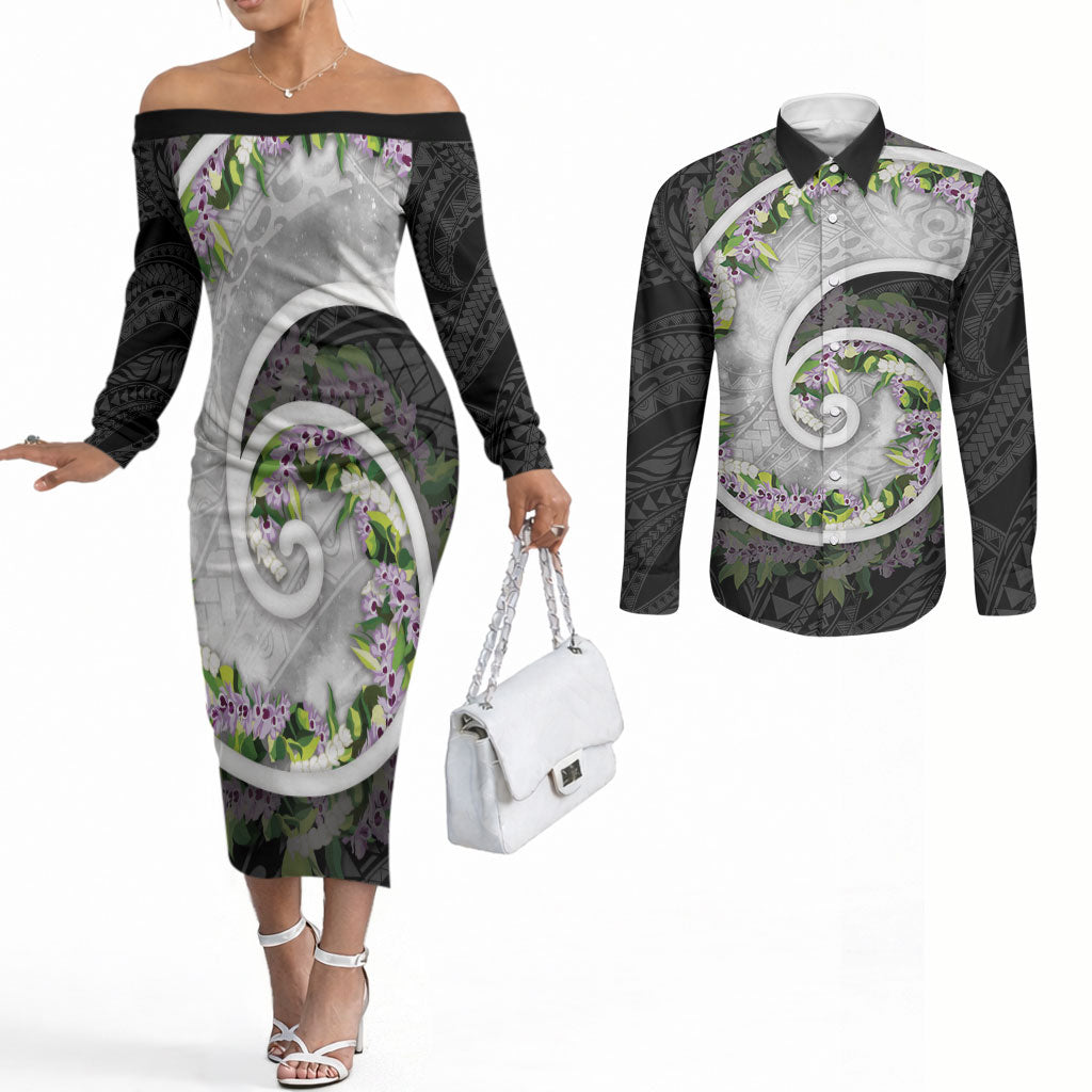 Piko Hawaii Couples Matching Off The Shoulder Long Sleeve Dress and Long Sleeve Button Shirt Polynesian Pattern With Maile Pikake Honohono Lei LT05 Black - Polynesian Pride