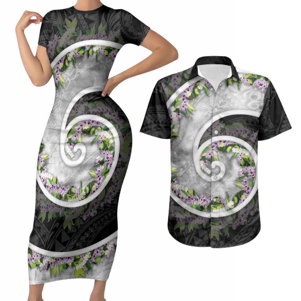 Piko Hawaii Couples Matching Short Sleeve Bodycon Dress and Hawaiian Shirt Polynesian Pattern With Maile Pikake Honohono Lei