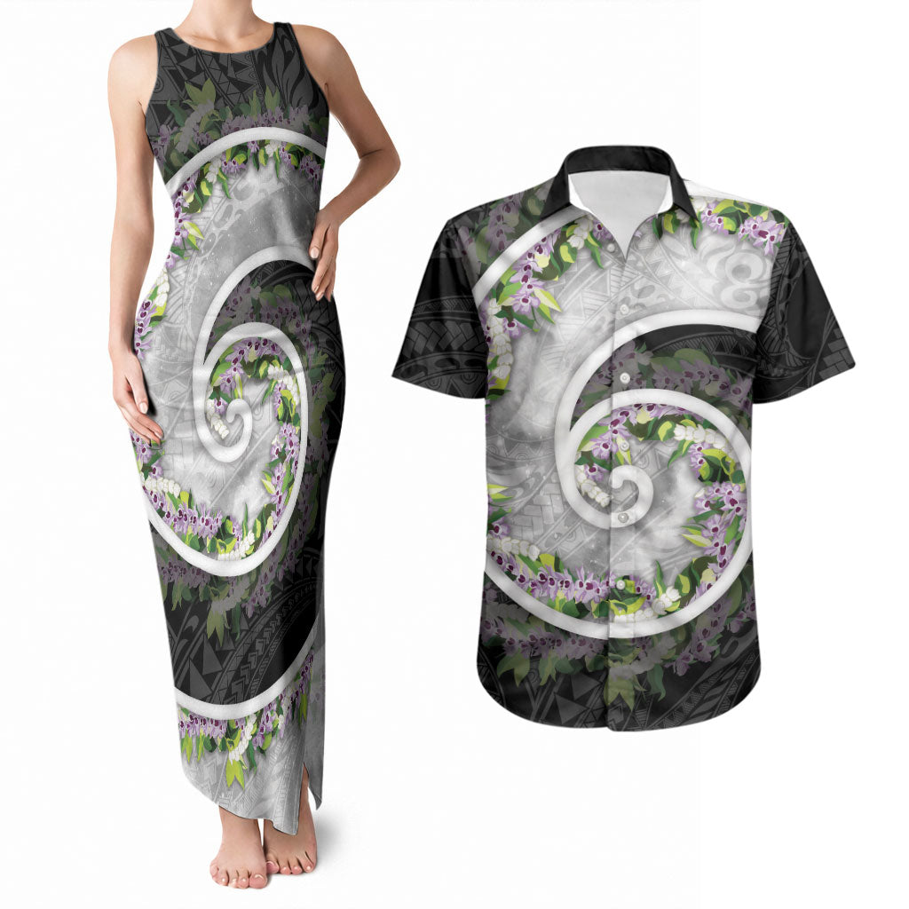 Piko Hawaii Couples Matching Tank Maxi Dress and Hawaiian Shirt Polynesian Pattern With Maile Pikake Honohono Lei