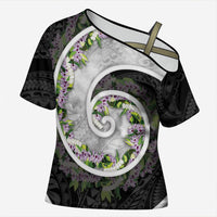 Piko Hawaii Cross Shoulder Shirt Polynesian Pattern With Maile Pikake Honohono Lei