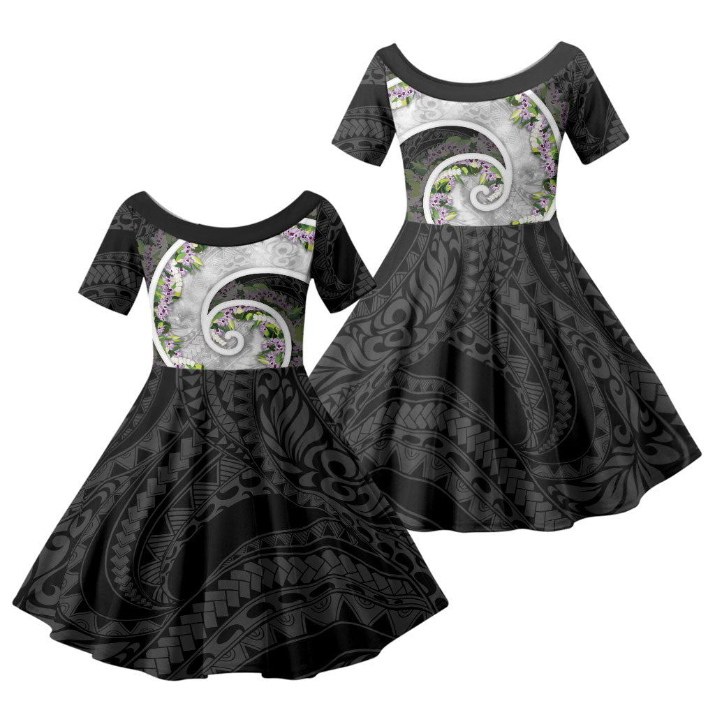 Piko Hawaii Family Matching Off Shoulder Short Dress and Hawaiian Shirt Polynesian Pattern With Maile Pikake Honohono Lei
