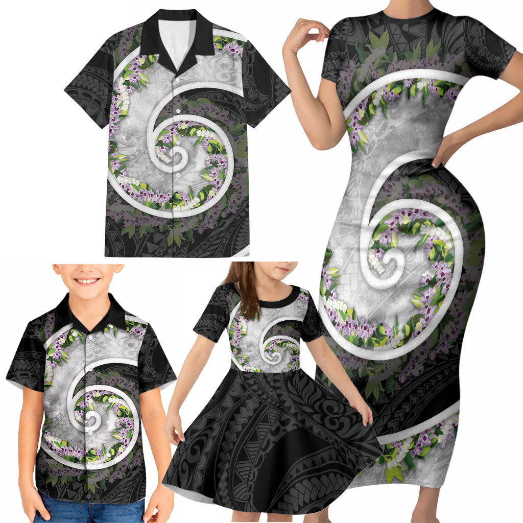 Piko Hawaii Family Matching Short Sleeve Bodycon Dress and Hawaiian Shirt Polynesian Pattern With Maile Pikake Honohono Lei