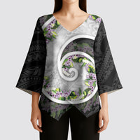 Piko Hawaii Kimono Sleeve Blouse Polynesian Pattern With Maile Pikake Honohono Lei