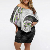Piko Hawaii Off Shoulder Short Dress Polynesian Pattern With Maile Pikake Honohono Lei