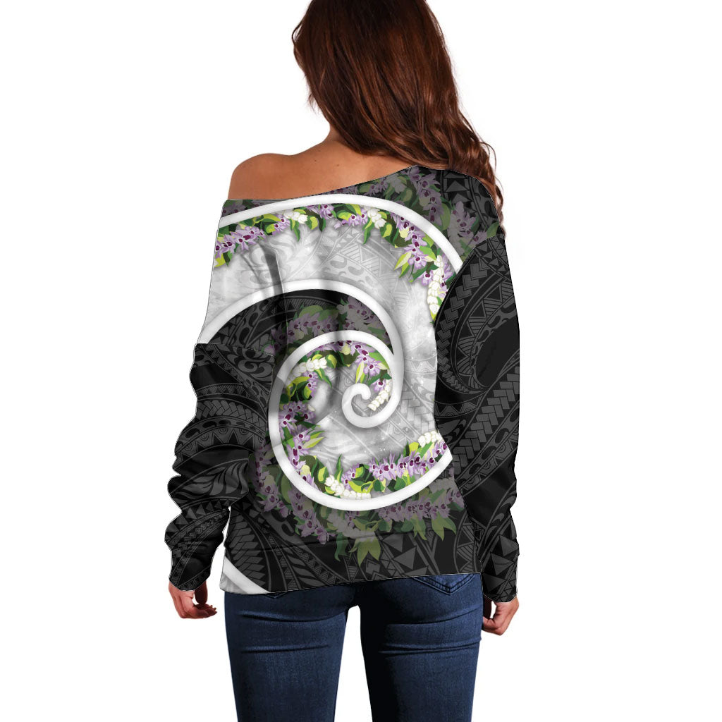 Piko Hawaii Off Shoulder Sweater Polynesian Pattern With Maile Pikake Honohono Lei
