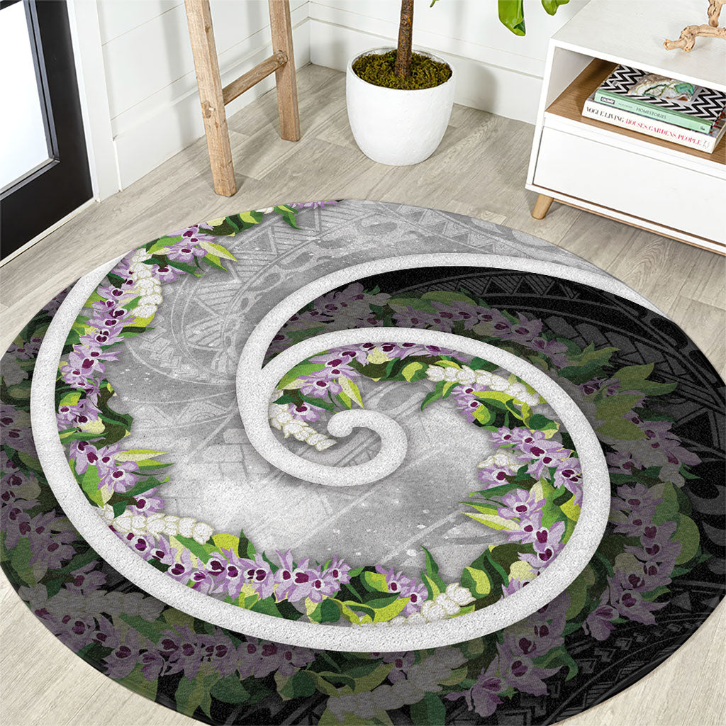 Piko Hawaii Round Carpet Polynesian Pattern With Maile Pikake Honohono Lei LT05 Black - Polynesian Pride