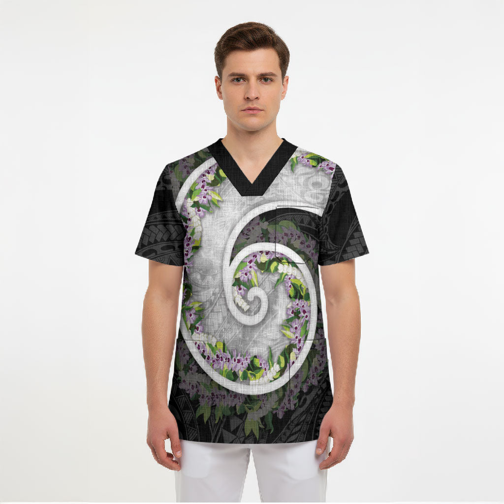 Piko Hawaii Scrub Top Polynesian Pattern With Maile Pikake Honohono Lei