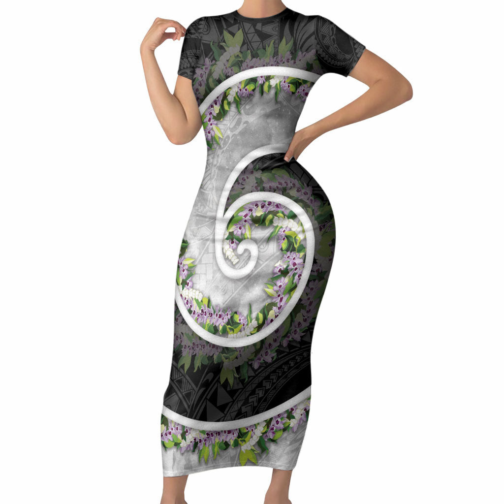 Piko Hawaii Short Sleeve Bodycon Dress Polynesian Pattern With Maile Pikake Honohono Lei
