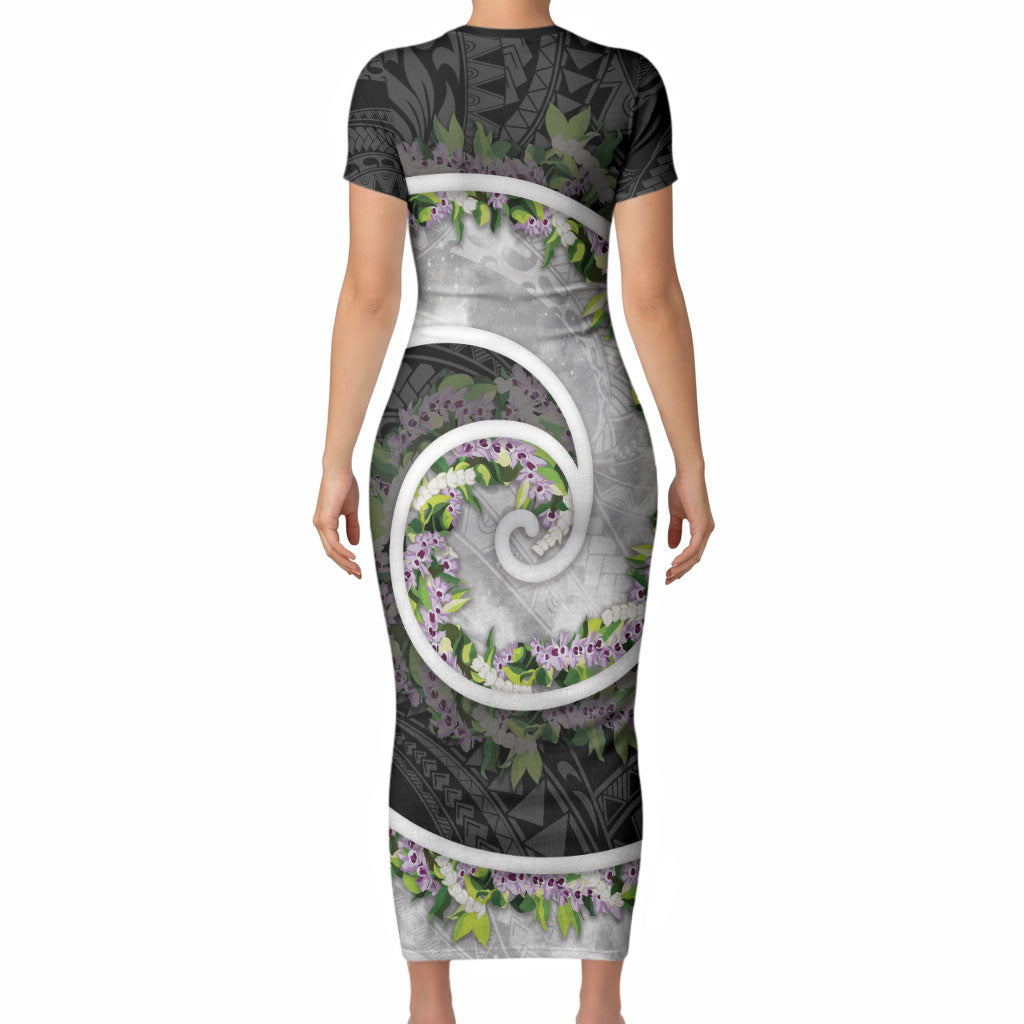 Piko Hawaii Short Sleeve Bodycon Dress Polynesian Pattern With Maile Pikake Honohono Lei