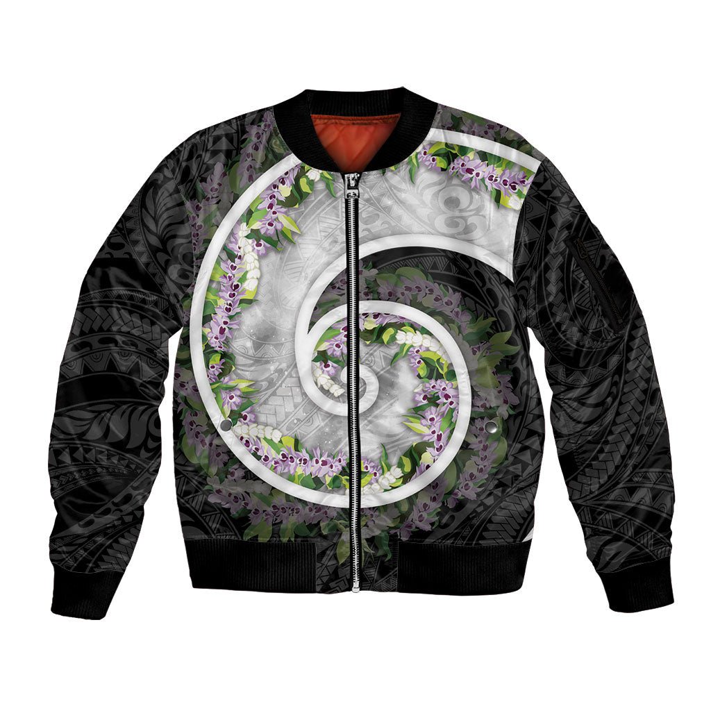 Piko Hawaii Sleeve Zip Bomber Jacket Polynesian Pattern With Maile Pikake Honohono Lei