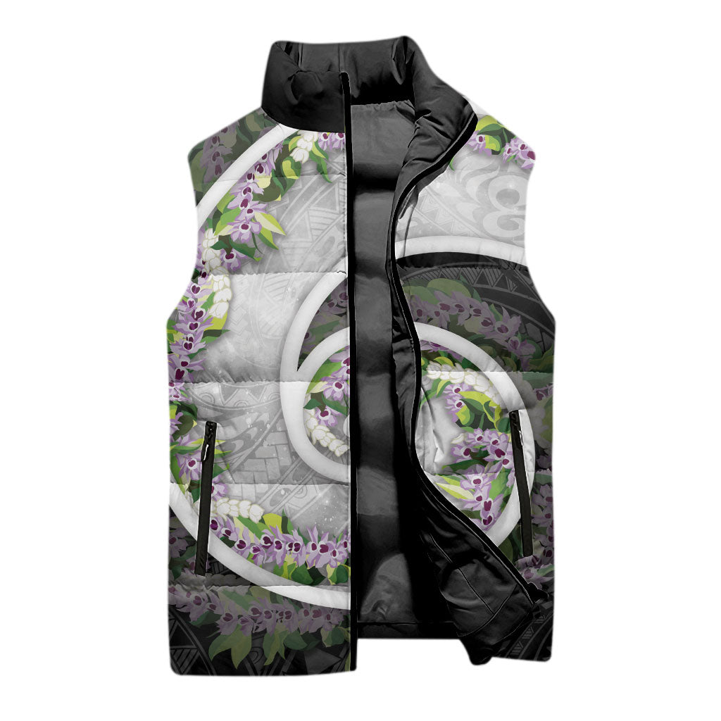 Piko Hawaii Sleeveless Puffer Jacket Polynesian Pattern With Maile Pikake Honohono Lei