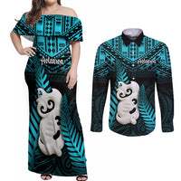 New Zealand Couples Matching Off Shoulder Maxi Dress and Long Sleeve Button Shirts Manaia Maori Pattern With Turquoise Fern LT05 Turquoise - Polynesian Pride