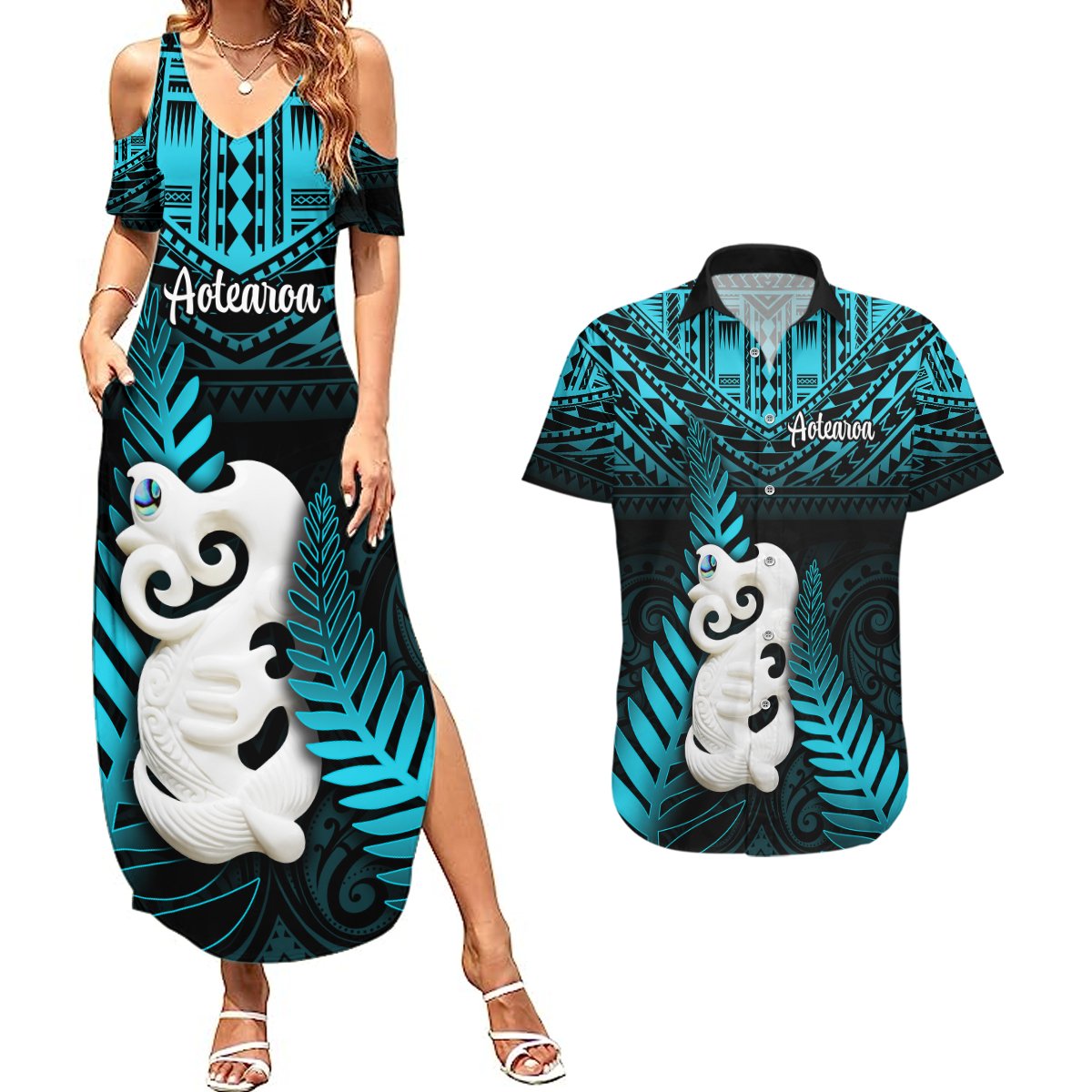 New Zealand Couples Matching Summer Maxi Dress and Hawaiian Shirt Manaia Maori Pattern With Turquoise Fern LT05 Turquoise - Polynesian Pride