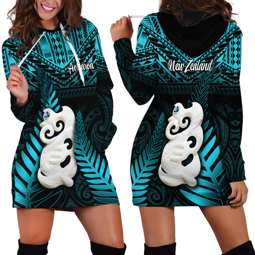 New Zealand Hoodie Dress Manaia Maori Pattern With Turquoise Fern LT05 - Polynesian Pride