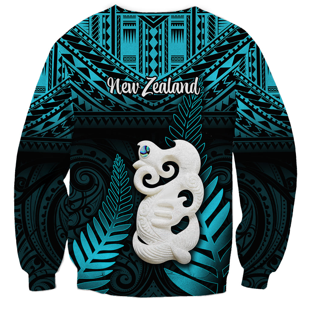 New Zealand Sweatshirt Manaia Maori Pattern With Turquoise Fern LT05 - Polynesian Pride