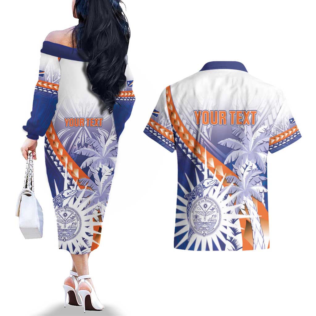 Personalised Marshall Islands Manit Day Couples Matching Off The Shoulder Long Sleeve Dress and Hawaiian Shirt Polynesian Tribal Tattoo Tropical Style LT05 - Polynesian Pride