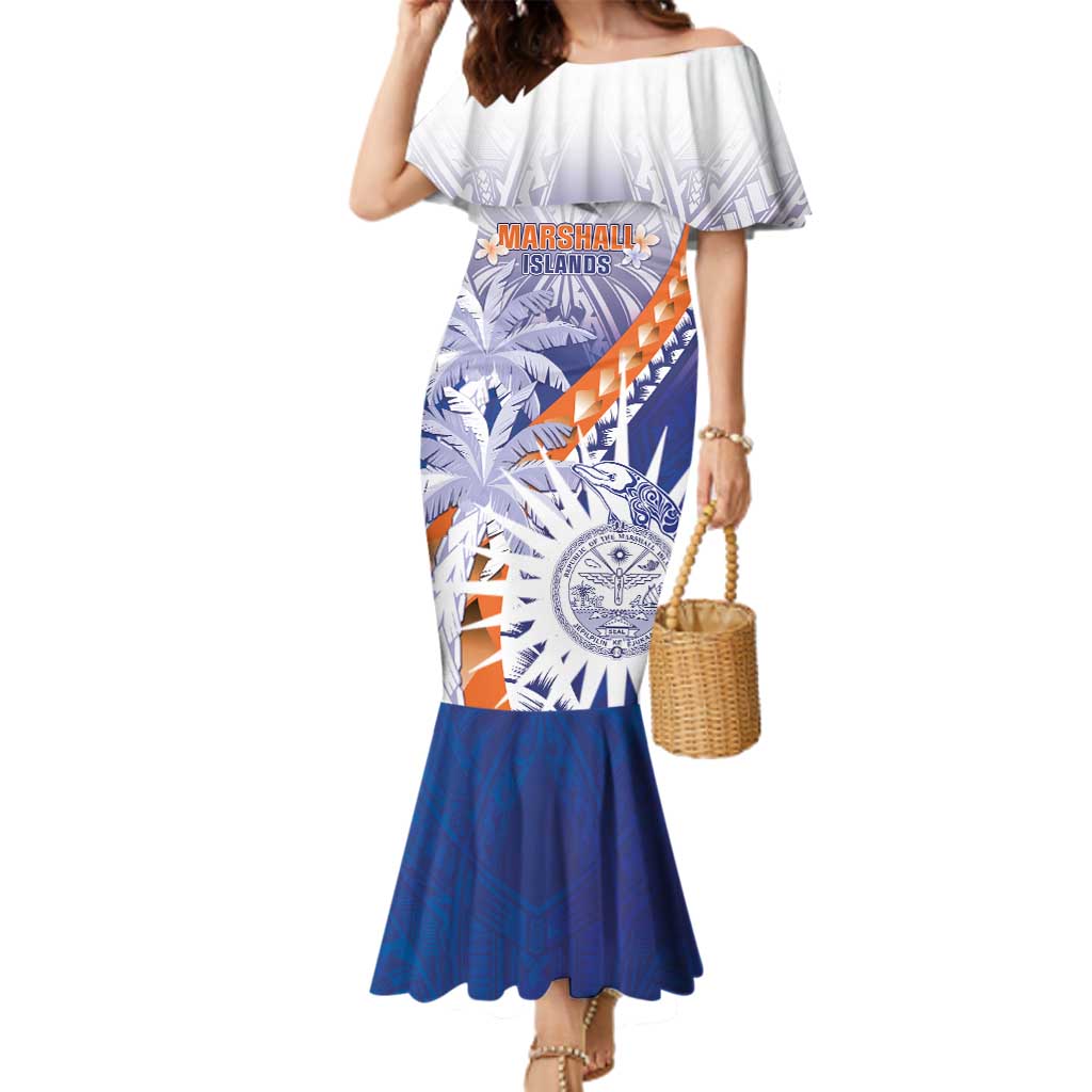 Personalised Marshall Islands Manit Day Family Matching Mermaid Dress and Hawaiian Shirt Polynesian Tribal Tattoo Tropical Style LT05 Mom's Dress Blue - Polynesian Pride