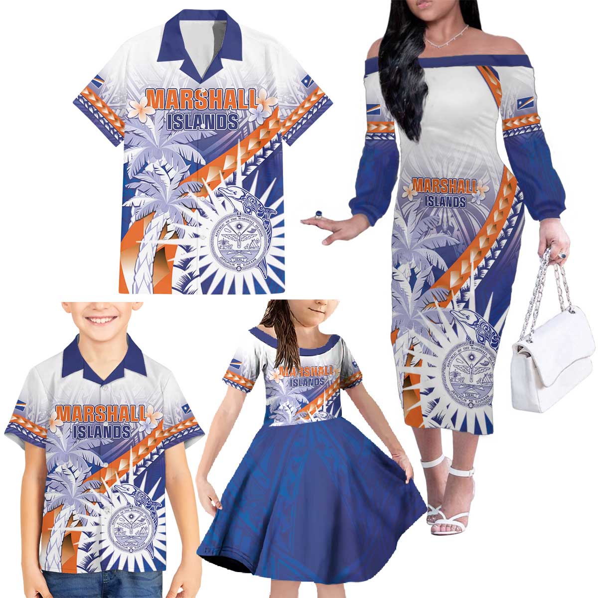 Personalised Marshall Islands Manit Day Family Matching Off The Shoulder Long Sleeve Dress and Hawaiian Shirt Polynesian Tribal Tattoo Tropical Style LT05 - Polynesian Pride