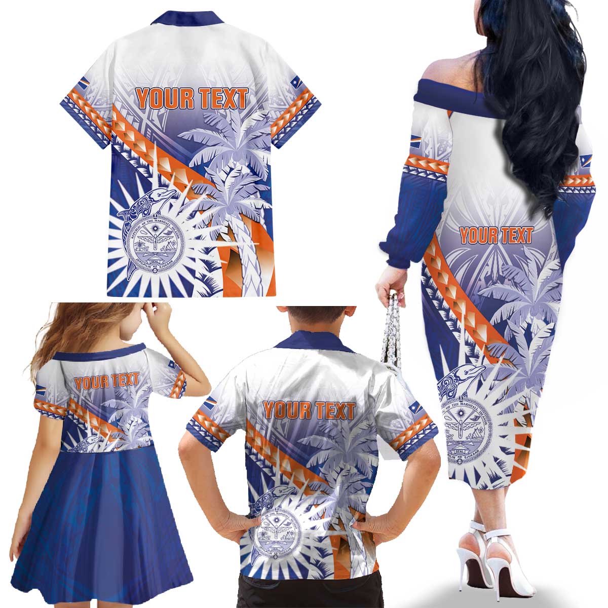 Personalised Marshall Islands Manit Day Family Matching Off The Shoulder Long Sleeve Dress and Hawaiian Shirt Polynesian Tribal Tattoo Tropical Style LT05 - Polynesian Pride