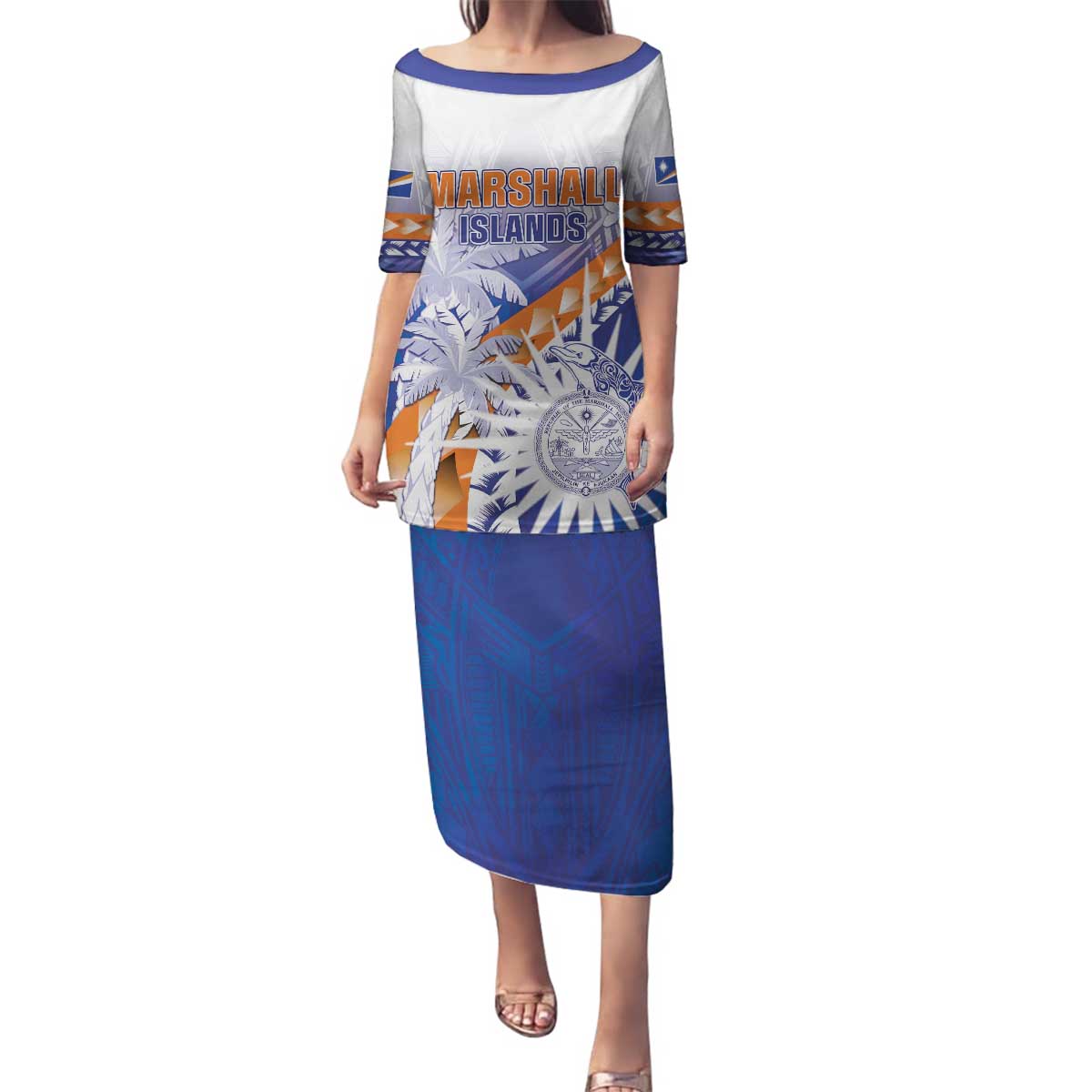 Personalised Marshall Islands Manit Day Family Matching Puletasi and Hawaiian Shirt Polynesian Tribal Tattoo Tropical Style LT05 Mom's Dress Blue - Polynesian Pride