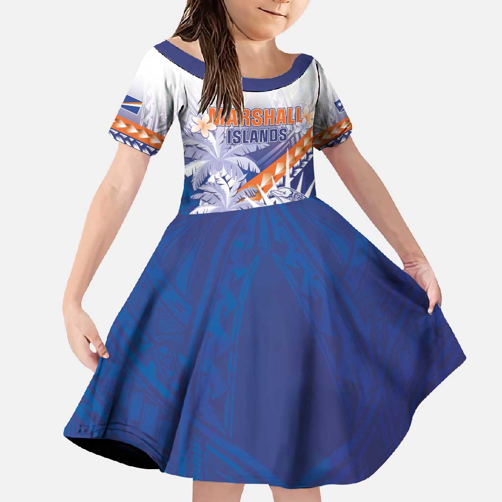 Personalised Marshall Islands Manit Day Family Matching Short Sleeve Bodycon Dress and Hawaiian Shirt Polynesian Tribal Tattoo Tropical Style LT05 Daughter's Dress Blue - Polynesian Pride