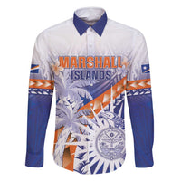 Personalised Marshall Islands Manit Day Family Matching Summer Maxi Dress and Hawaiian Shirt Polynesian Tribal Tattoo Tropical Style LT05 Dad's Shirt - Long Sleeve Blue - Polynesian Pride